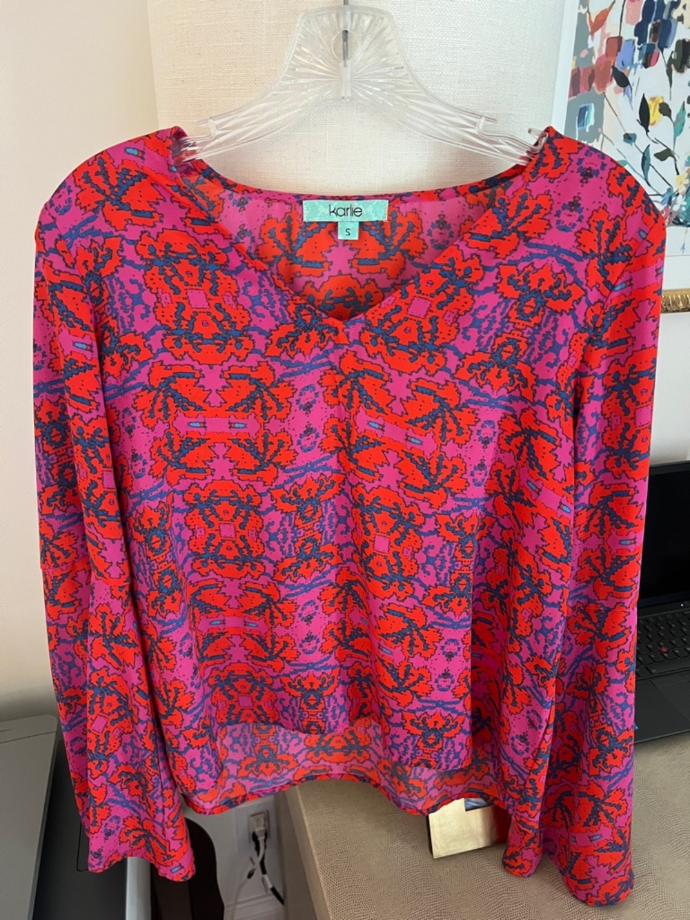 Karlie Pink & Red Printed Long Sleeve Blouse